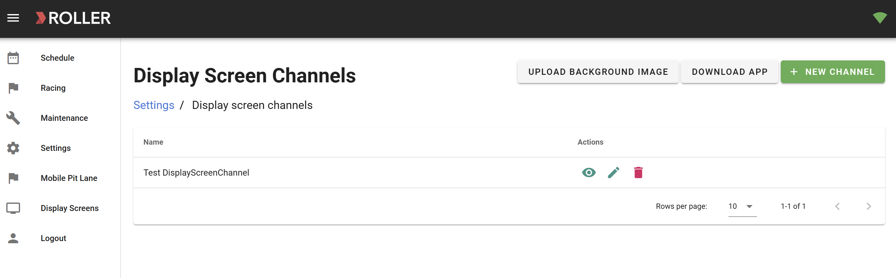 Settings page for managing display screen channels with action buttons and options.